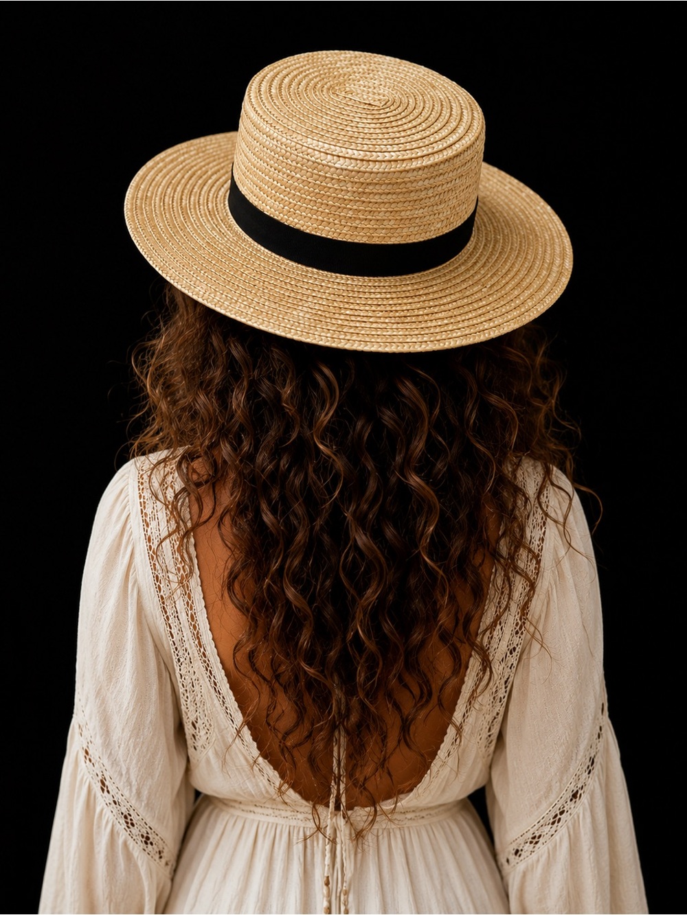 Wide Brim Straw Boater Hat With Black Band - Unbr… - image 2